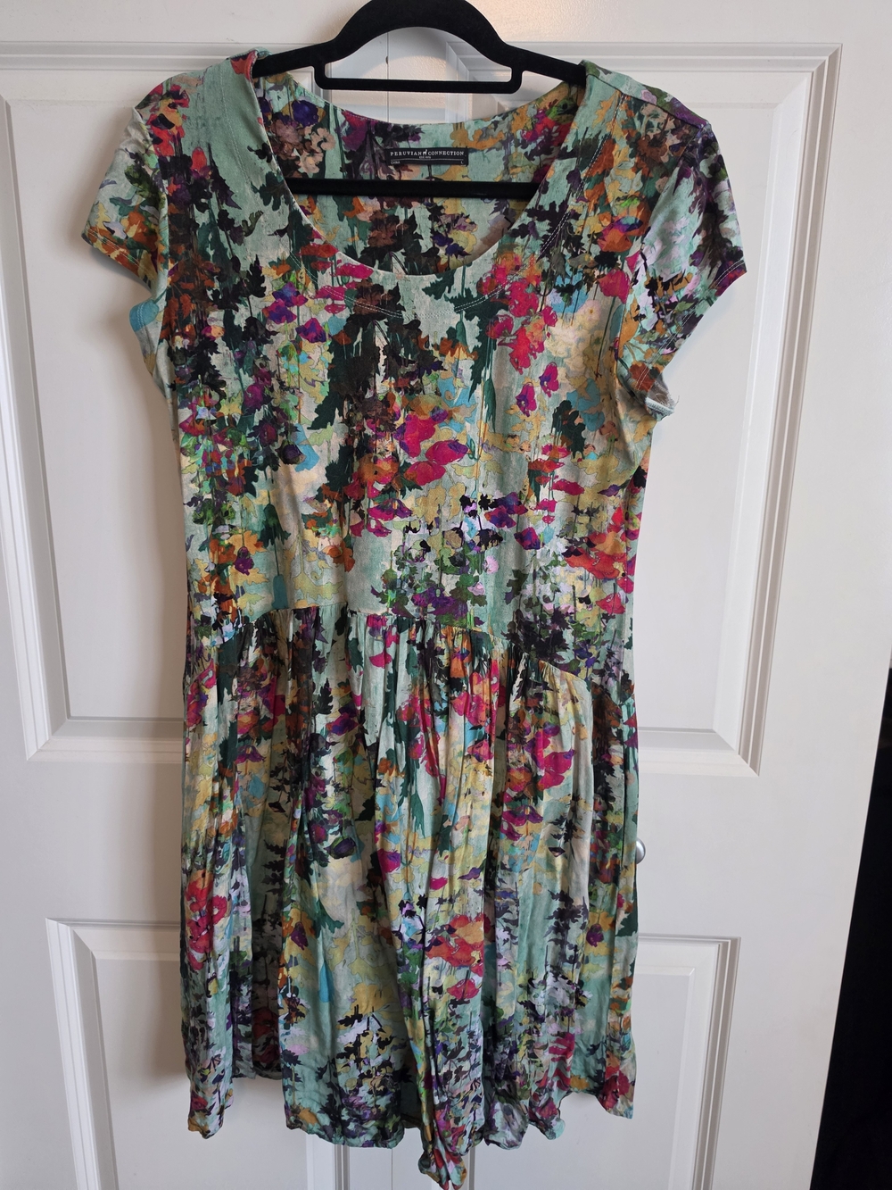 Floral Mint Short-Sleeve Gathered Waist Dress tunic top pockets peruvian connect - Picture 2 of 8